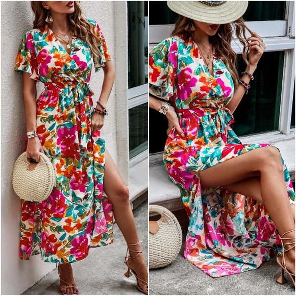Dresses & Skirts - Boho Floral Print Butterfly Sleeve Maxi Dress